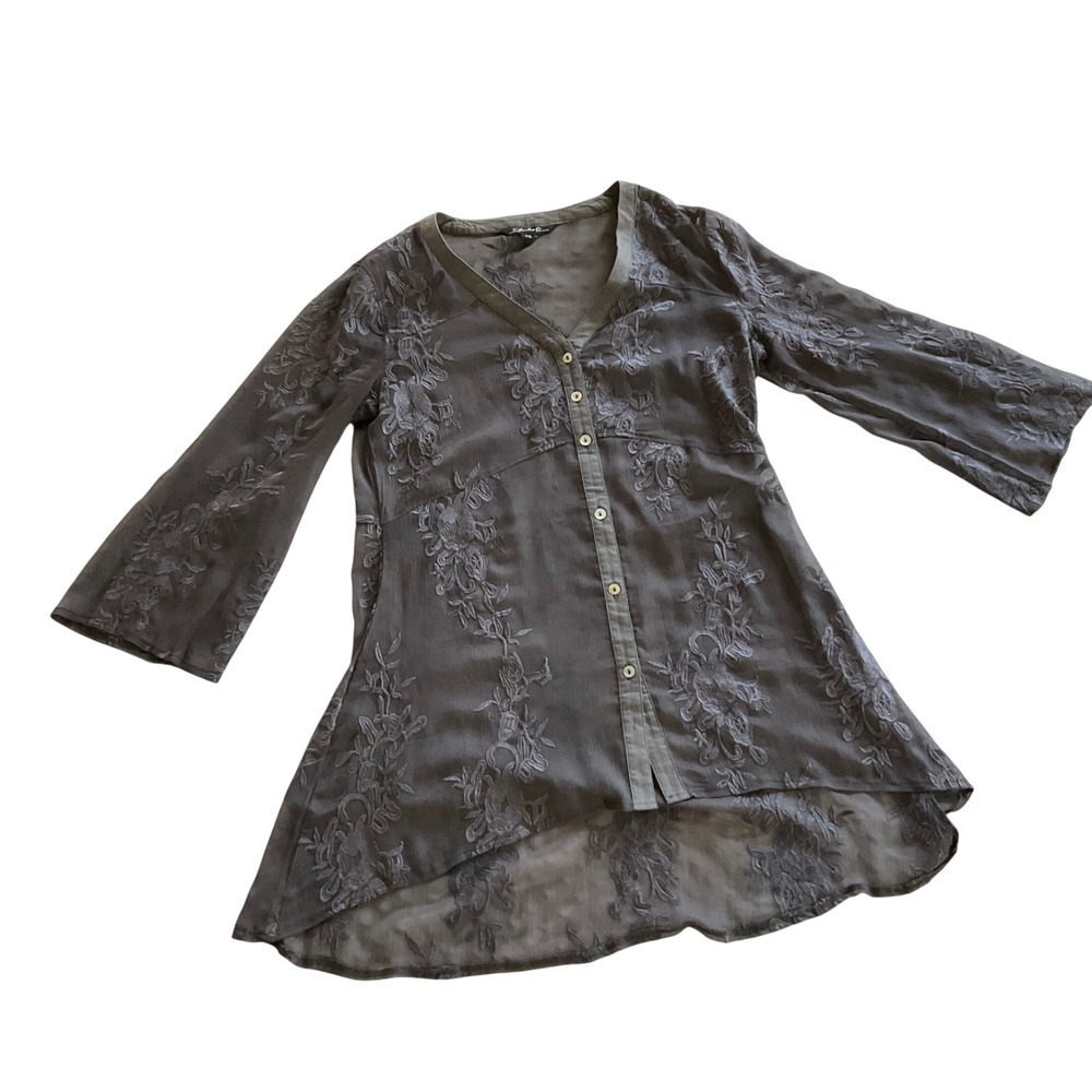 Charlie B Embroidered Sheer Tunic Blouse Womens Small Gray High‎ Low Boho Top